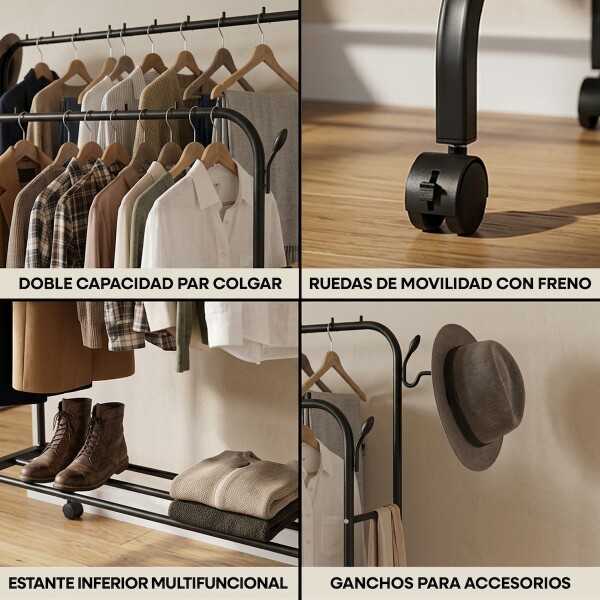 Perchero Doble Ropa Barra Acero Percha Metal Ganchos Ropero Placard Con Ruedas Imback Color Negro Perchero Doble Ropa Barra Acero Percha Metal Ganchos Ropero Placard Con Ruedas Imback Color Negro
