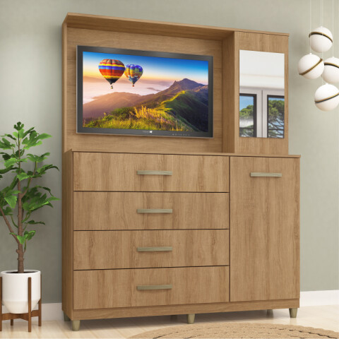 Comoda Cajonera Rack TV de 4 cajones 1 puerta 1 Botiquín con Espejo y Estantes para Dormitorio o Living - FE - Miel Comoda Cajonera Rack TV de 4 cajones 1 puerta 1 Botiquín con Espejo y Estantes para Dormitorio o Living - FE - Miel