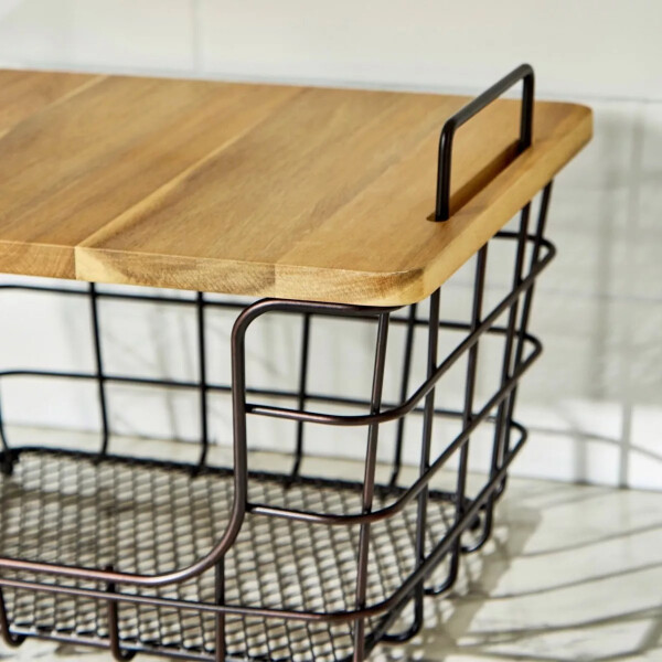 Canasto Organizador de Metal con Tapa de Bambú – Apilable Multiuso IMBACK Canasto Organizador de Metal con Tapa de Bambú – Apilable Multiuso IMBACK