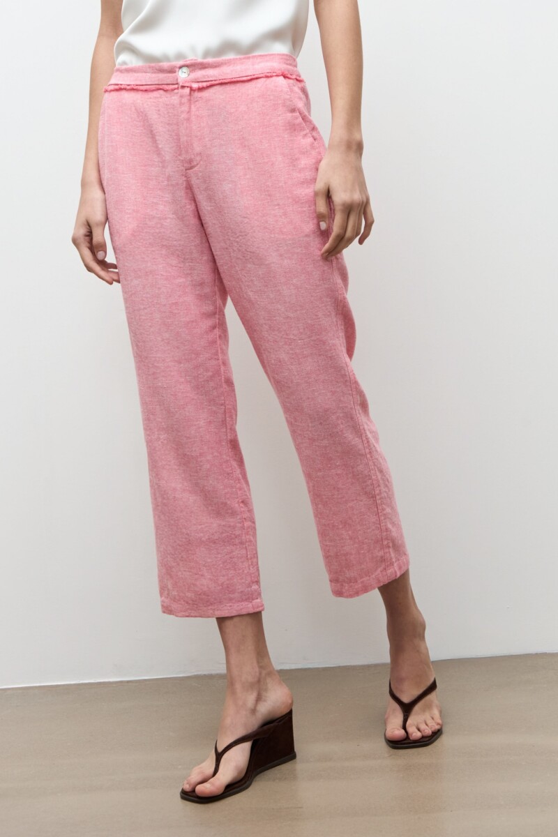 Pantalon capri lino detalle desflecado rosado melange
