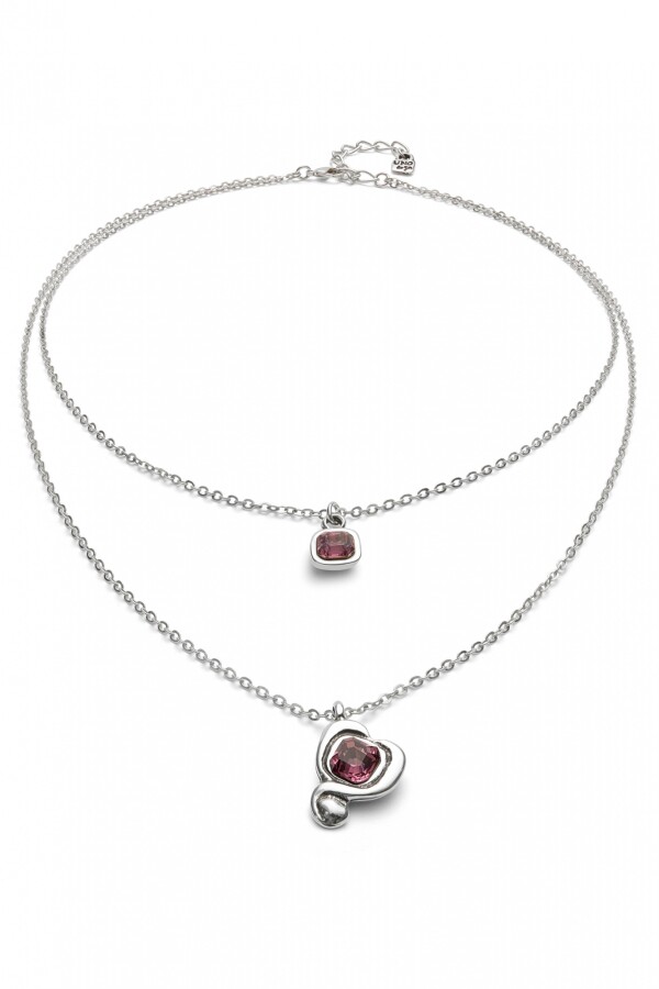 COLGANTE BAÑADO EN PLATA DE LEY CON DOBLE CADENA Y CORAZONES CON CRISTAL ROSA Colgante