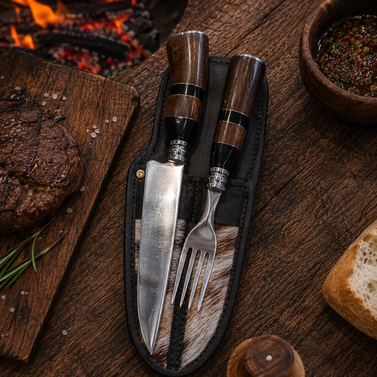 Set de Asado Artesanal - Cuchillo y Tenedor Parrillero con Madera y Guampa N°6 