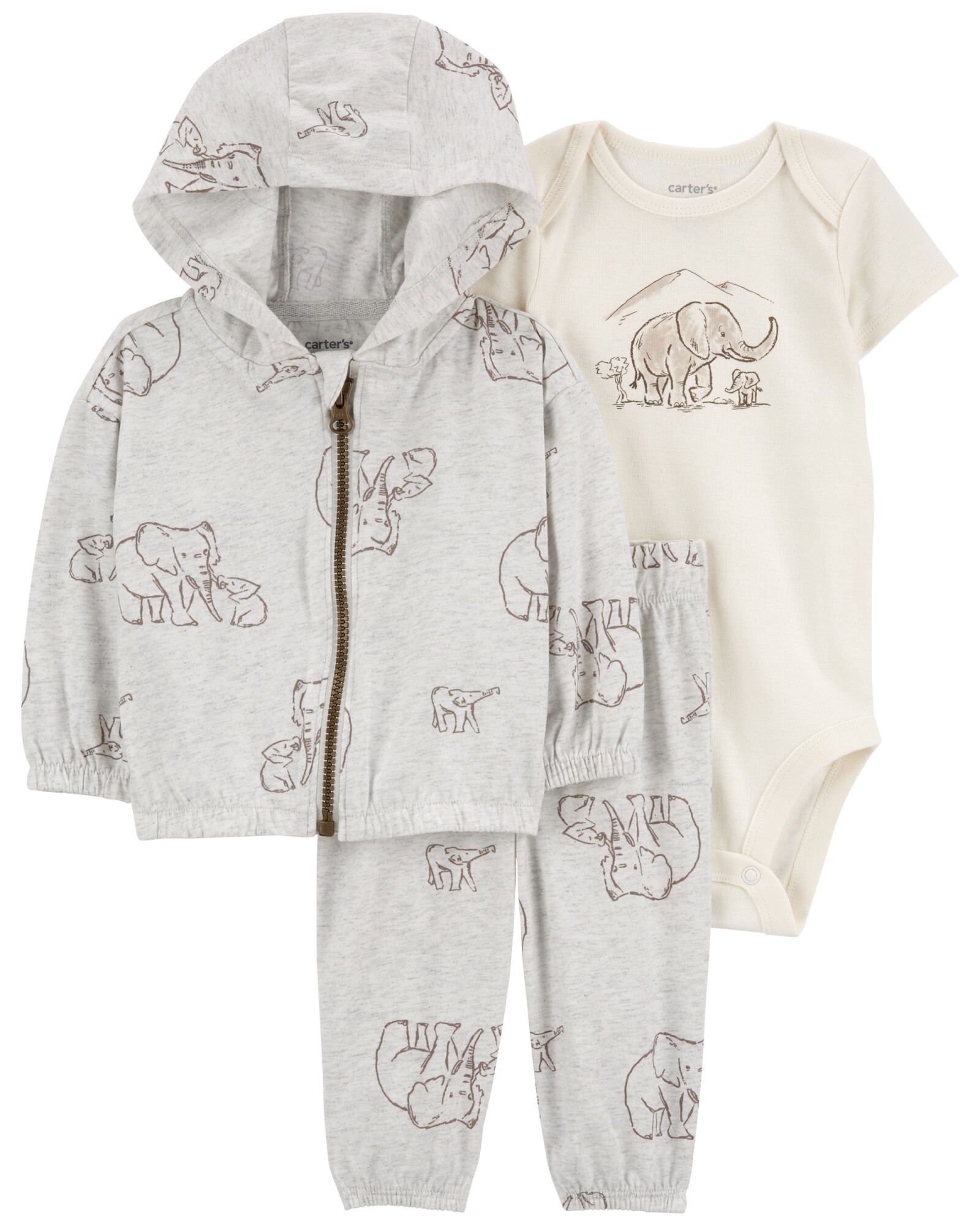 Set tres piezas de algodón, campera con capucha, pantalón y body, diseño elefante Set tres piezas de algodón, campera con capucha, pantalón y body, diseño elefante