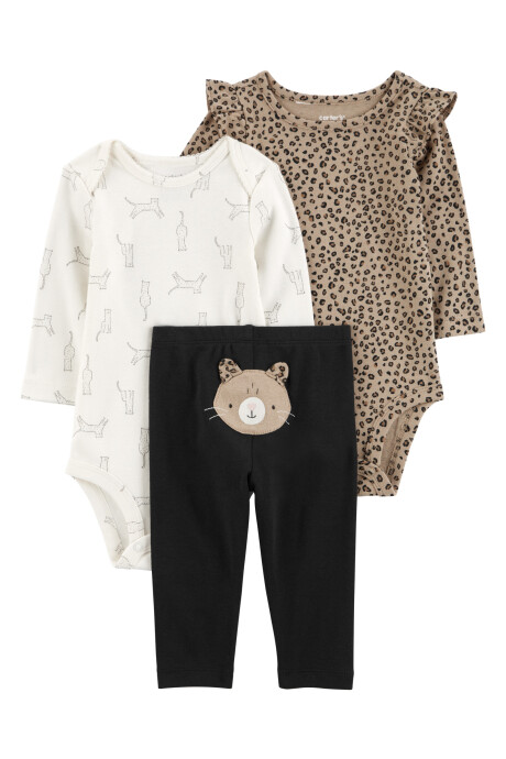 Set tres piezas de algodón, pantalón y dos bodies, diseño leopardo Sin color