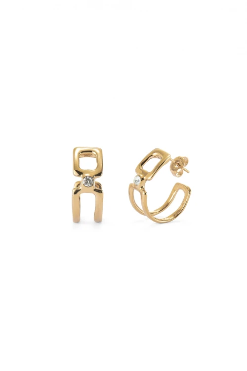 PENDIENTES ARO DOBLE BAÑADOS EN ORO 18K CON TOPACIO BLANCO Pendiente