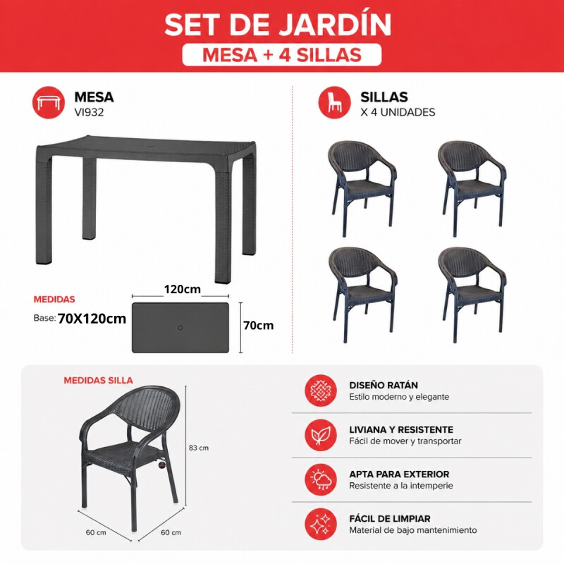 Mesa ratán 70x120 + 4 sillas con apoya brazos GRIS