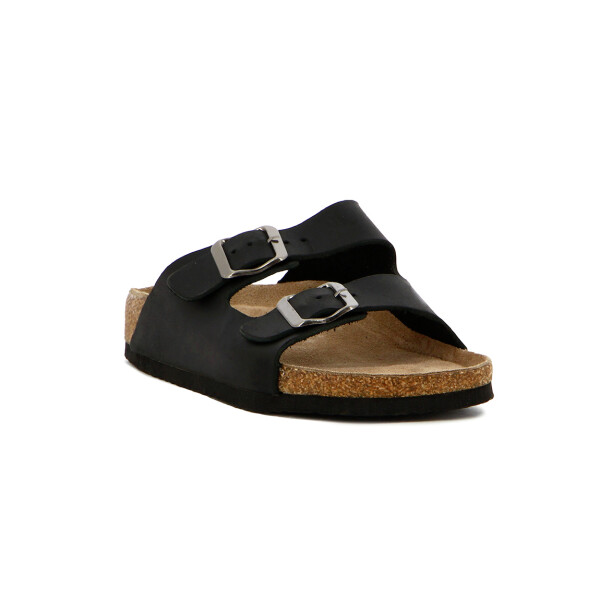 Country Sandalia Cuero Casual Dama C/dos Tiras C/hebilla Suela Baja / Negro Negro