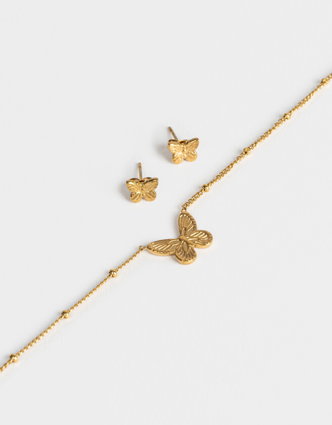 Bijouterie Set Acero quirúrgico Set De Aros Y Cadena Mariposa - Dorado