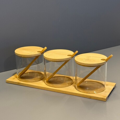Juego de 3 Porta Condimentos con Base de Bambú Juego de 3 Porta Condimentos con Base de Bambú