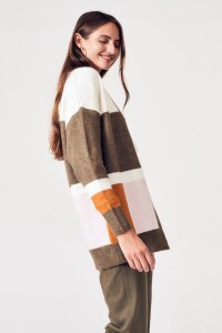 Cardigan Intarsia Color Block Safari