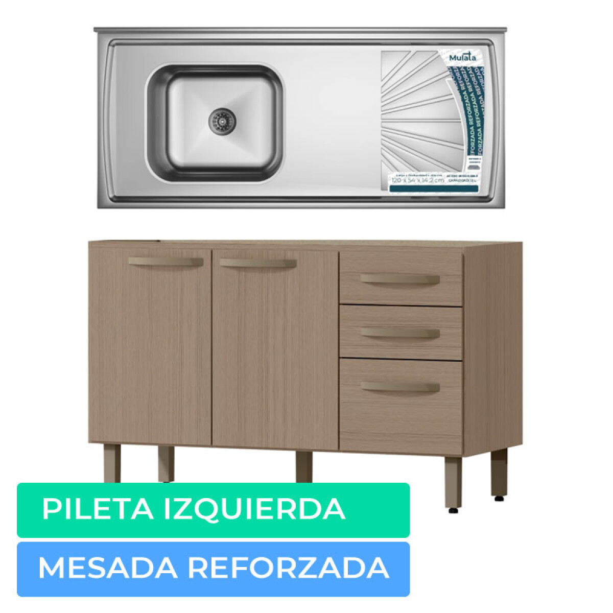 Combo de Cocina Bajo Mesada 3 Puertas 2 cajones + Pileta Izquierda Reforzada con Hormigón Célular Noce 