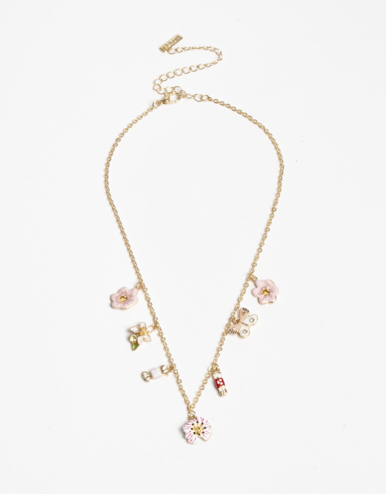 Collares Cortos Con Dijes Collar Corto Multicharms Flores - Dorado