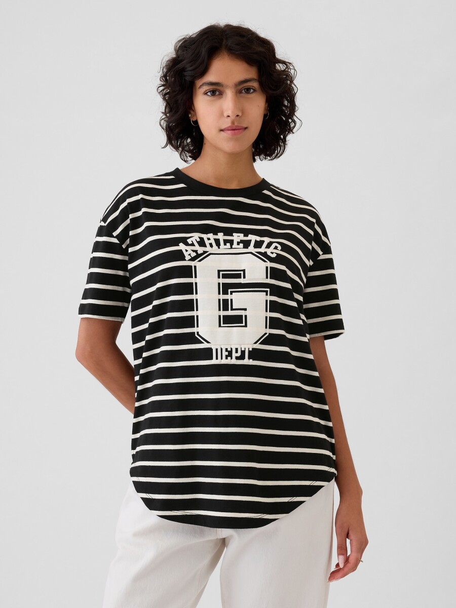 Remera Logo Gap Mujer - Ivory Black Stripe 