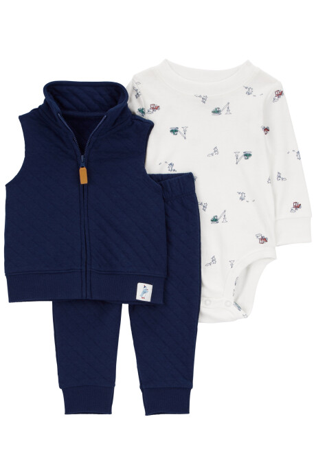 Set tres piezas de algodón, chaleco y pantalón capitoneados, más body, diseño pingüino Set tres piezas de algodón, chaleco y pantalón capitoneados, más body, diseño pingüino