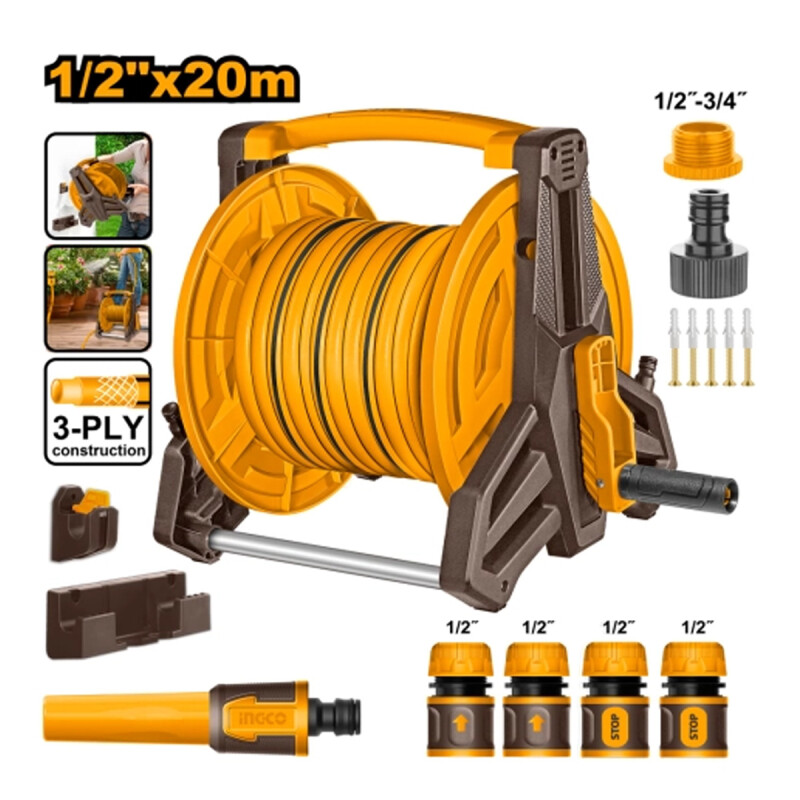 ENROLLADOR DE MANGUERA INGCO 1/2 X20M CON ACCESORIOS COLOR NARANJA ENROLLADOR DE MANGUERA INGCO 1/2 X20M CON ACCESORIOS COLOR NARANJA