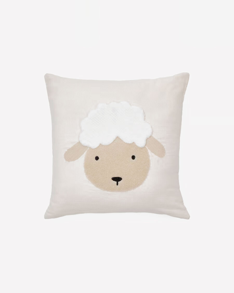 Almohadón Milu de algodón beige bordado de oveja 45 x 45 cm