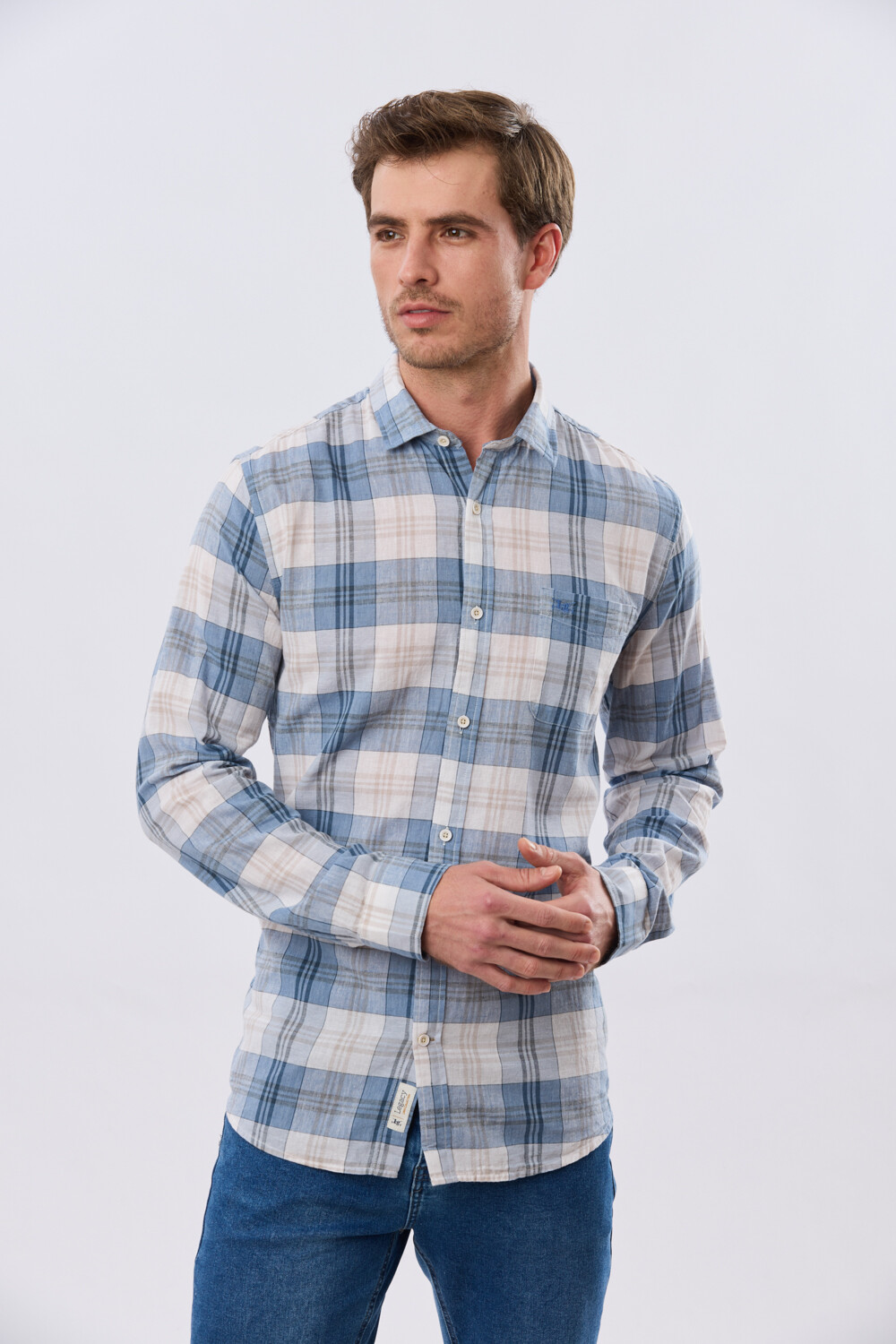 CAMISA CUADROS DE LINO Celeste