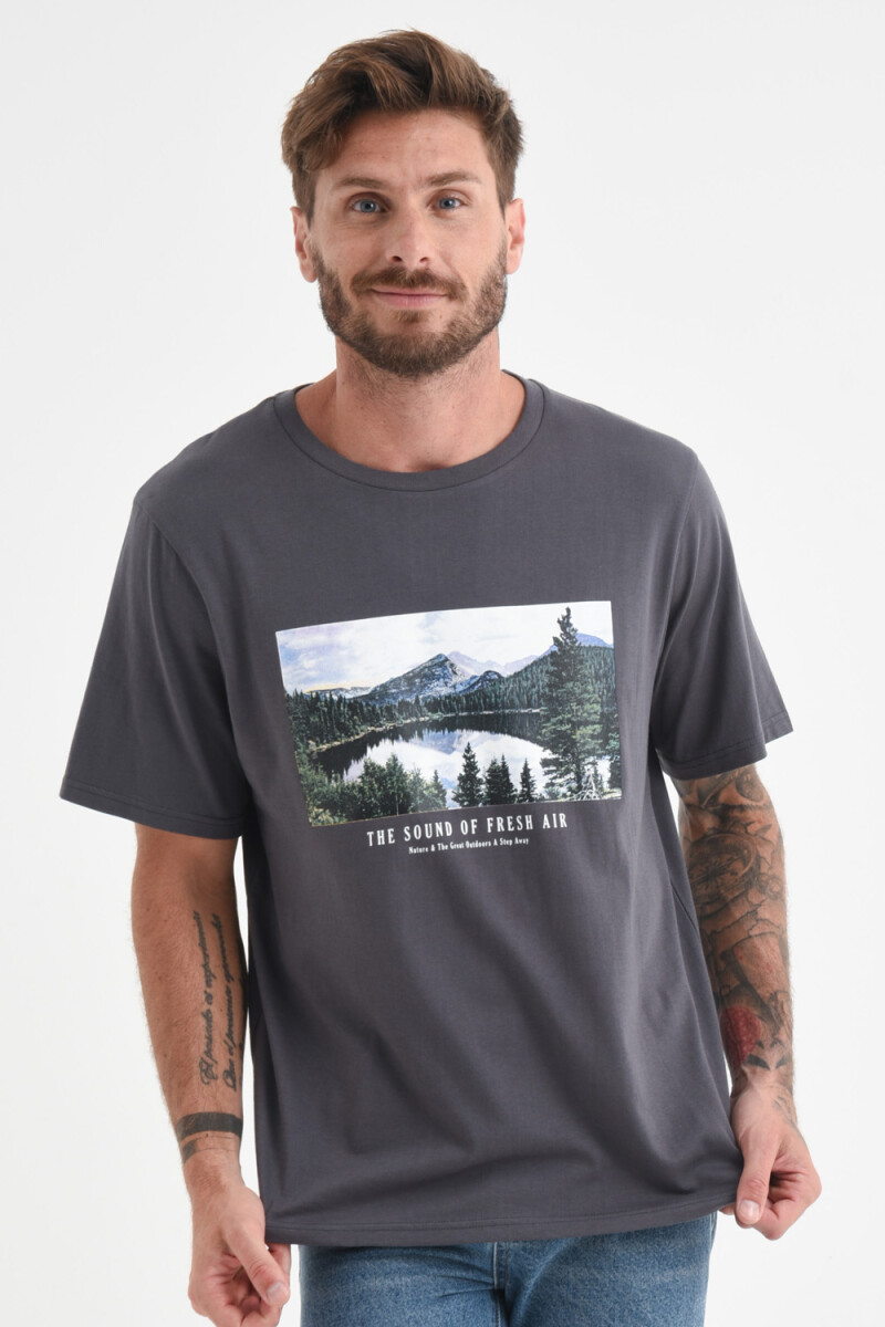 Camiseta manga corta estampada algodón orgánico - Gris oscuro 