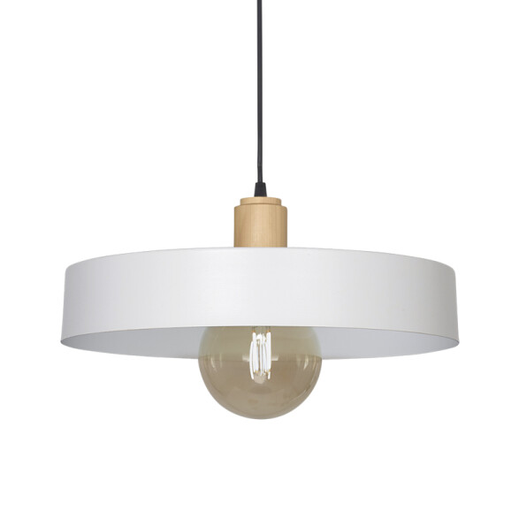 Colgante pantalla metal blanco y madera E27 Ø400mm JU0382