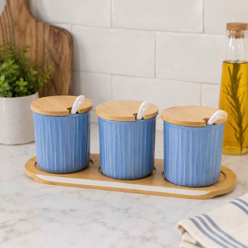 Set de Recipientes en Cerámica con Tapa y Cuchara Celeste