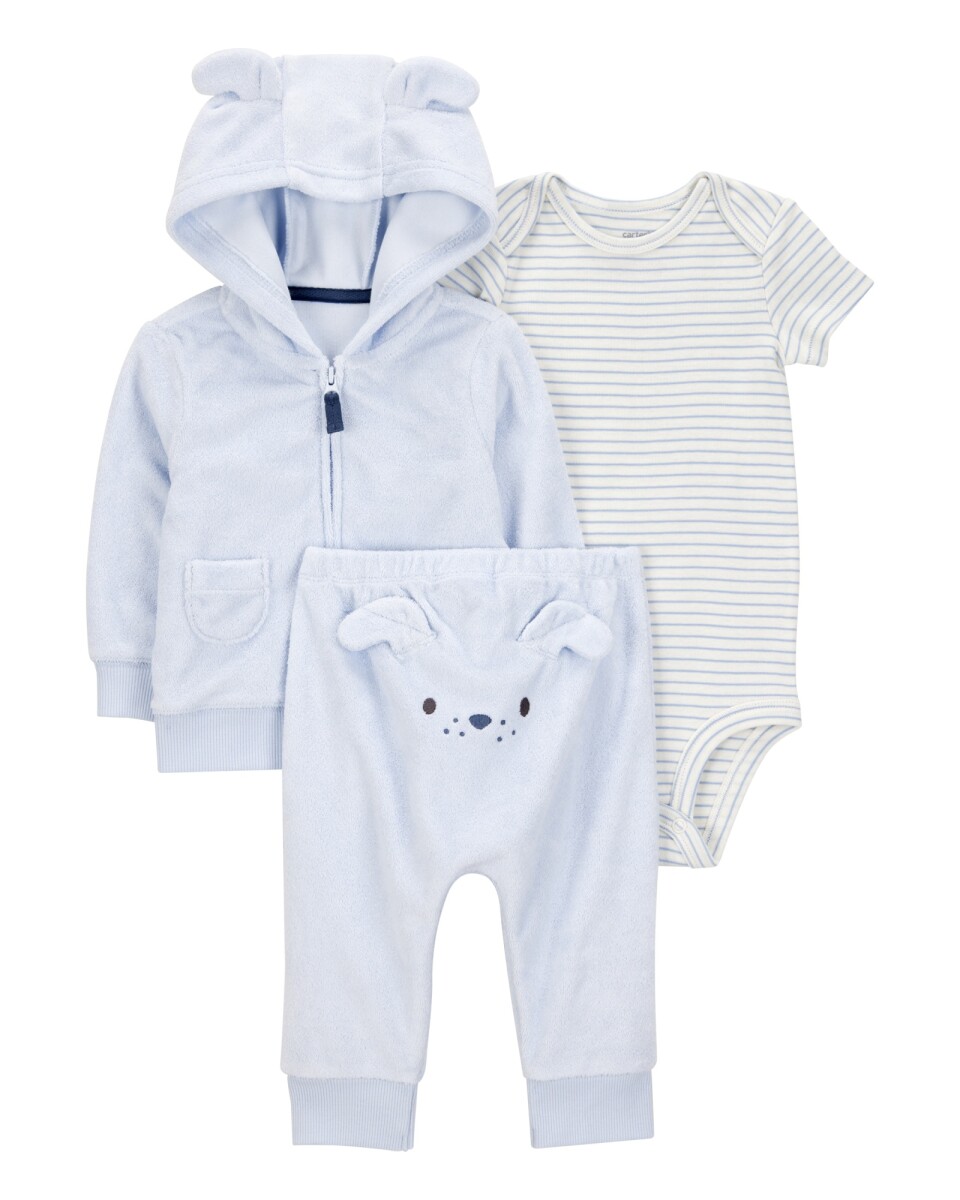 Set tres piezas de algodón, campera y pantalón de terry, más body, diseño perro 