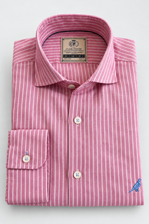 Camisa Lino Hudson Collar Rayas Rosa Coral