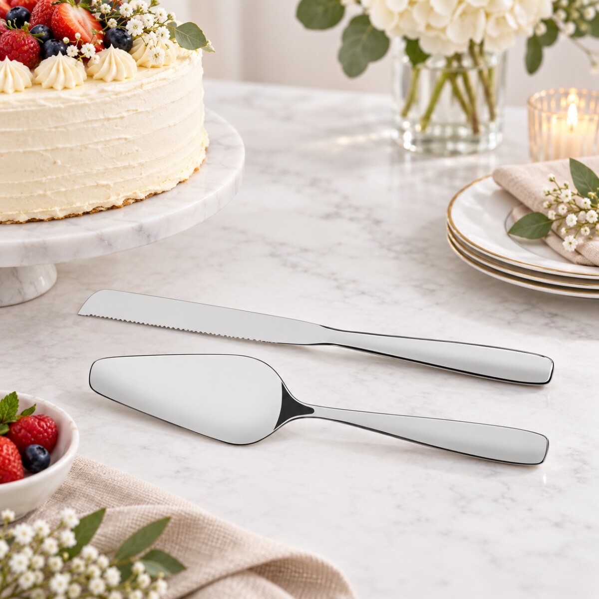 Set Tramontina para Torta 2 Piezas Cuchillo Serrado y Espátula Acero Inoxidable 