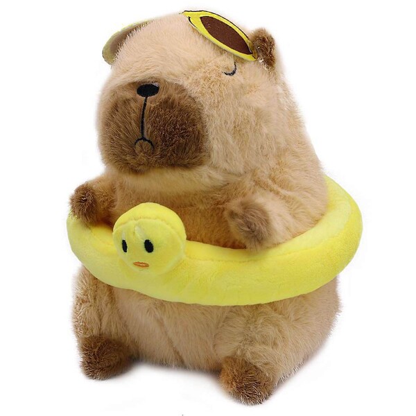 Peluche Capibara con Ropa y Acs Temáticos Vacaciones Atrix Color Marrón Amarillo Salvavidas