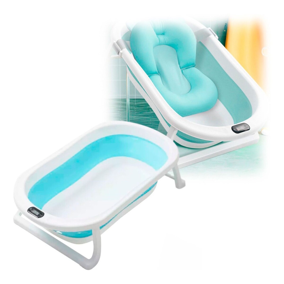 Baño Plegable Termómetro + Colchón Bebé Baby Antideslizante - Color Variante Celeste 
