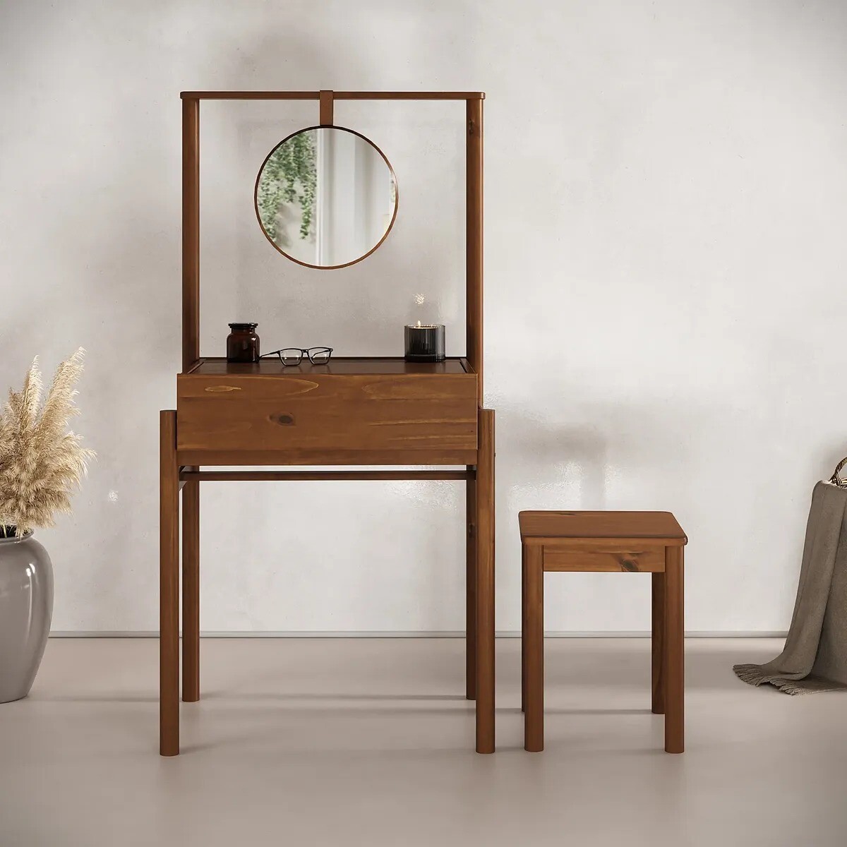 COMBO TOCADOR CON ESPEJO + BANQUETA MADERA MACIZA 