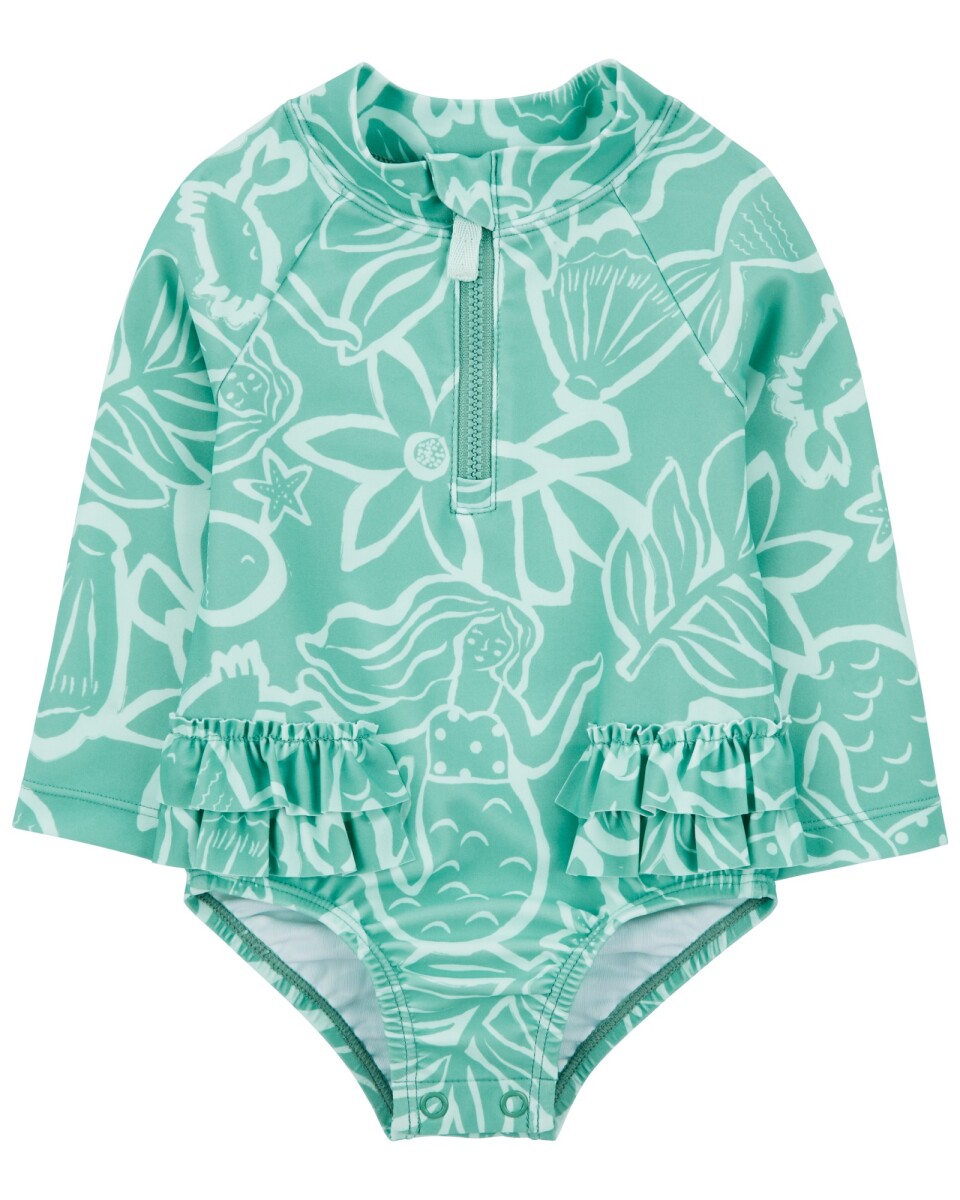 Malla de baño una pieza manga larga con protección UPF 50+ diseño sirenas. Talles 3-24M 