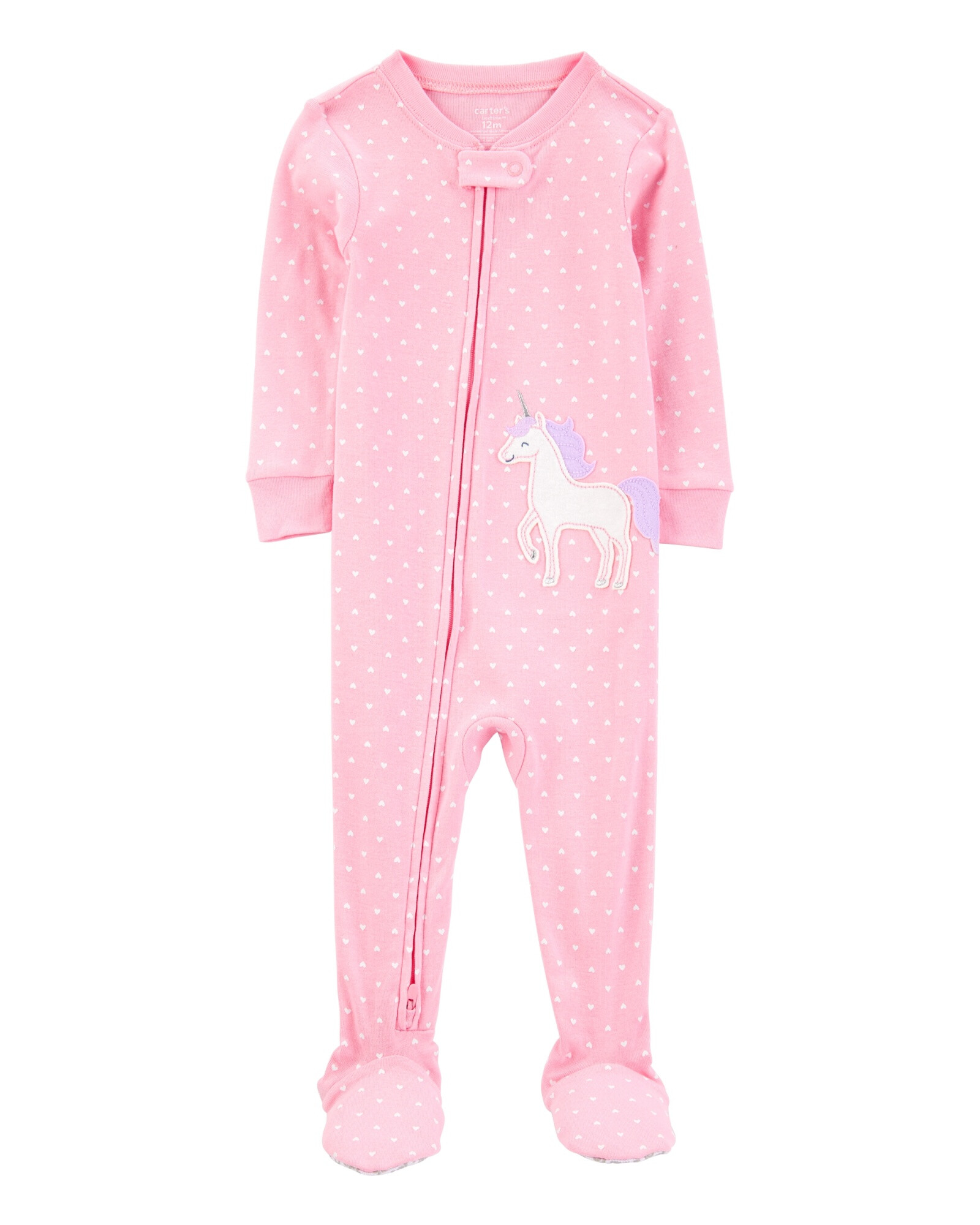 Pijama una pieza de algodón, con pie, rosado, estampa unicornio. Talles 2-5T Pijama una pieza de algodón, con pie, rosado, estampa unicornio. Talles 2-5T
