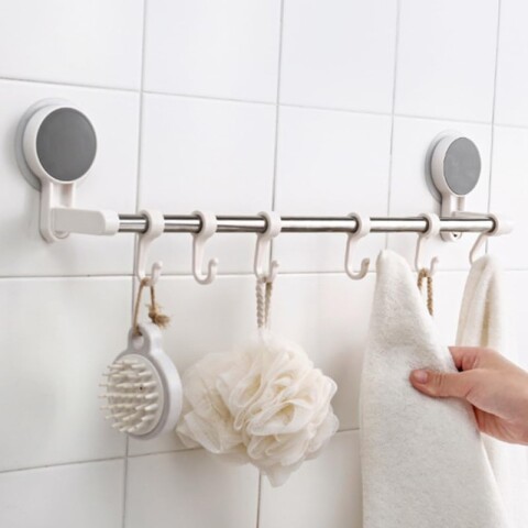 Soporte Blanco c/6 perchitas c/sopapa p/baño 49x8x10cm Soporte Blanco C/6 Perchitas C/sopapa P/baño 49x8x10cm