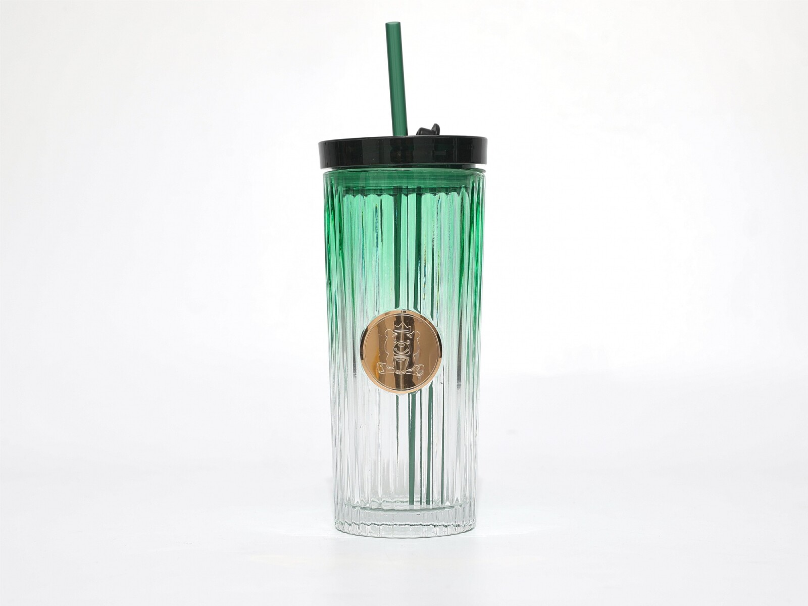 VASO VIDRIO ACANALADO CON PAJITA Y TAPA (VERDE/470 ML) 