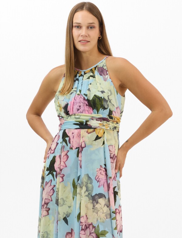 Vestido Largo Estampado Floral Con Cuello CELESTE/MULTI