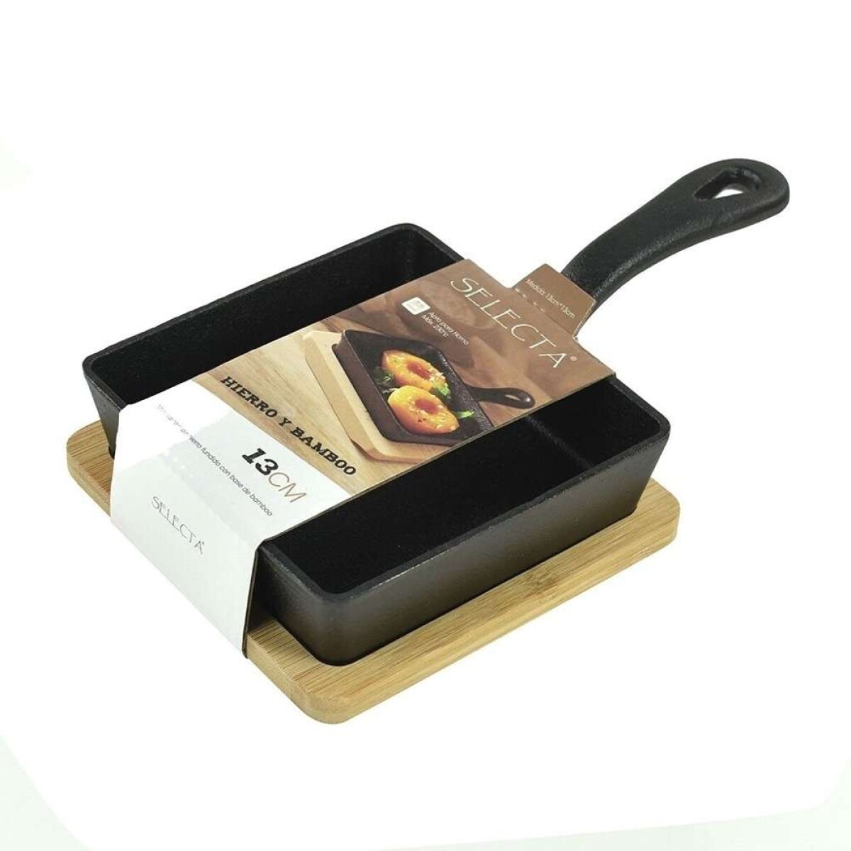 Mini Sarten Hierro C/Bandeja Bamboo. - 13X13Cm 