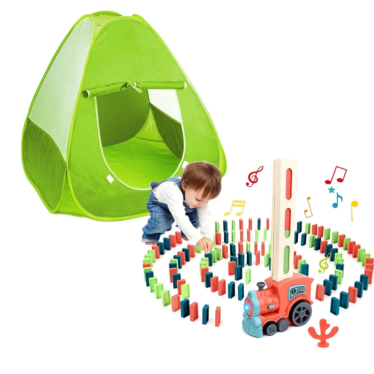 Tren Dominó Bloques 120 Pzas + Carpa Infantil Autoarmable - Rosa 