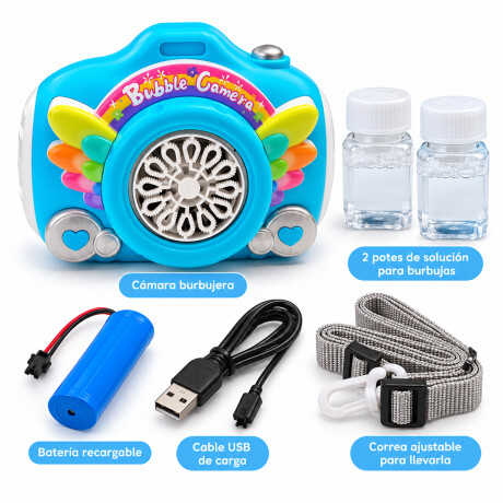Burbujero con forma de cámara y correa para niños Celeste