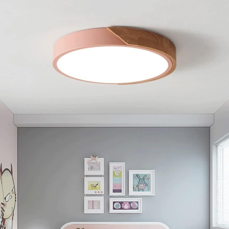 Luminaria Luz Fria Plafon Led Diám 30cm Metal Y Madera Rosa