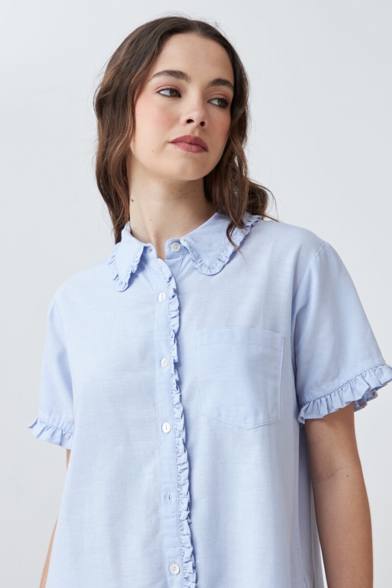 Vestido camisero con volados celeste melange