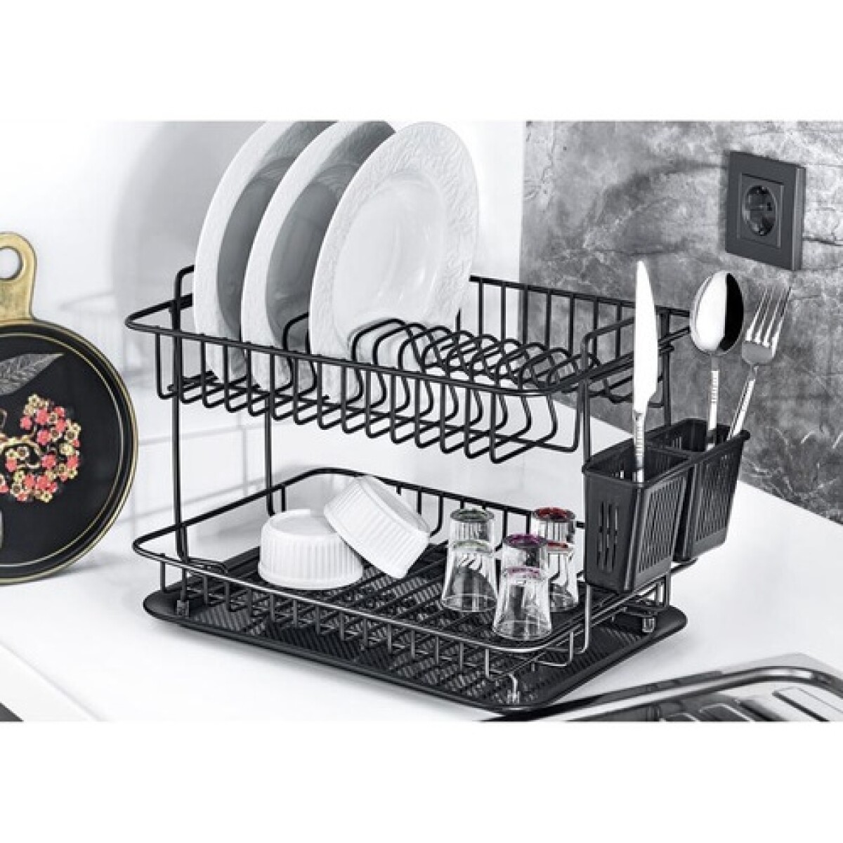 Escurridor de dos niveles Metalife con bandeja cromado 43x28x28cm - Negro 