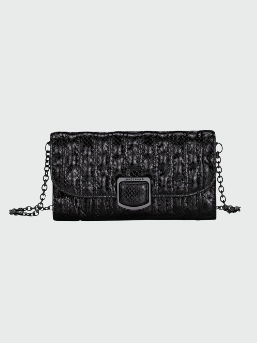 Longchamp -Sobre de cuero impreso pitón, con solapa, Brioche - Negro 