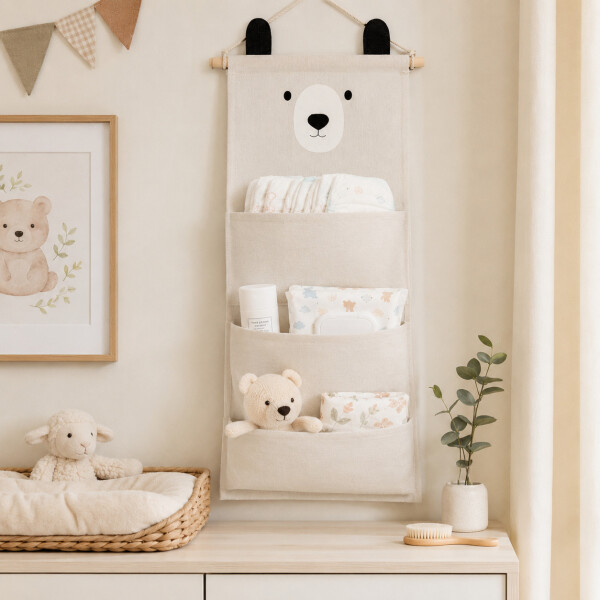 Organizador Colgante Osito Con 3 Bolsillos Para Bebé 60x20cm Blanco
