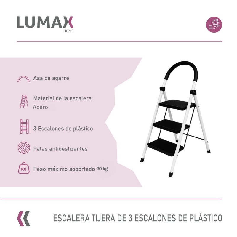 Escalera Tijera 3 Escalones Base Antideslizante Negro/Blanco