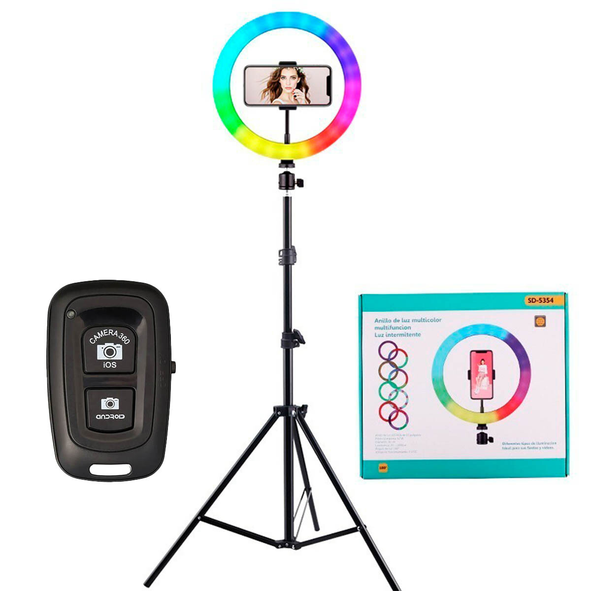 Aro de Luz Multicolor 26CM + Trípode + Control Remoto 