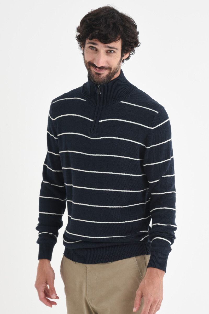 Sweater de punto medio cierre Azul marino a rayas