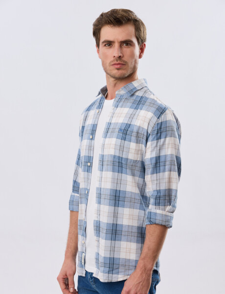 CAMISA CUADROS DE LINO Celeste