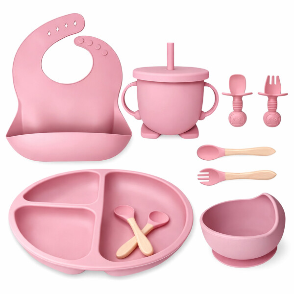 Set Alimentación Bebé Platos Silicona Libre Bpa 10 Piezas Color Rosa