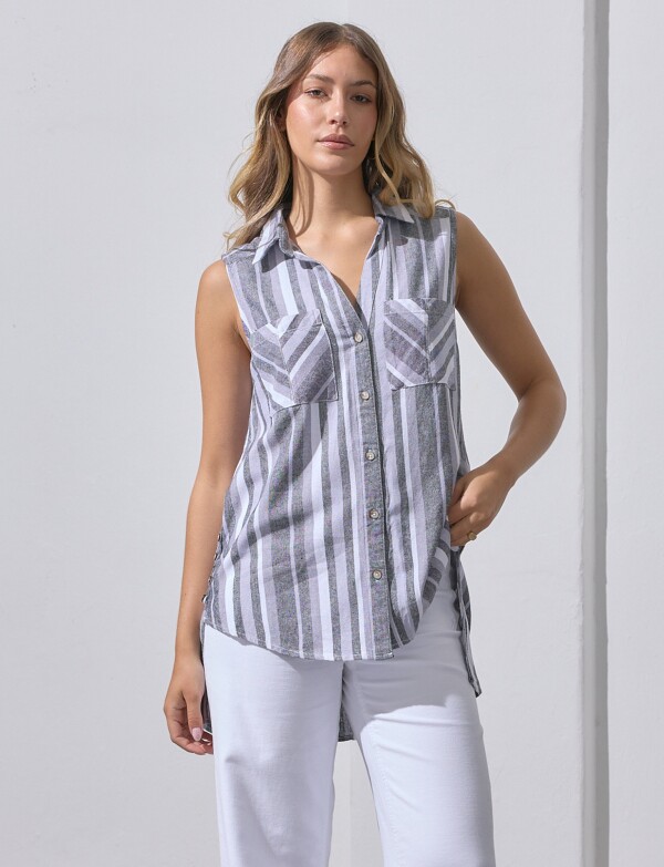 Camisa S/m Lino Det GRIS/MULTI