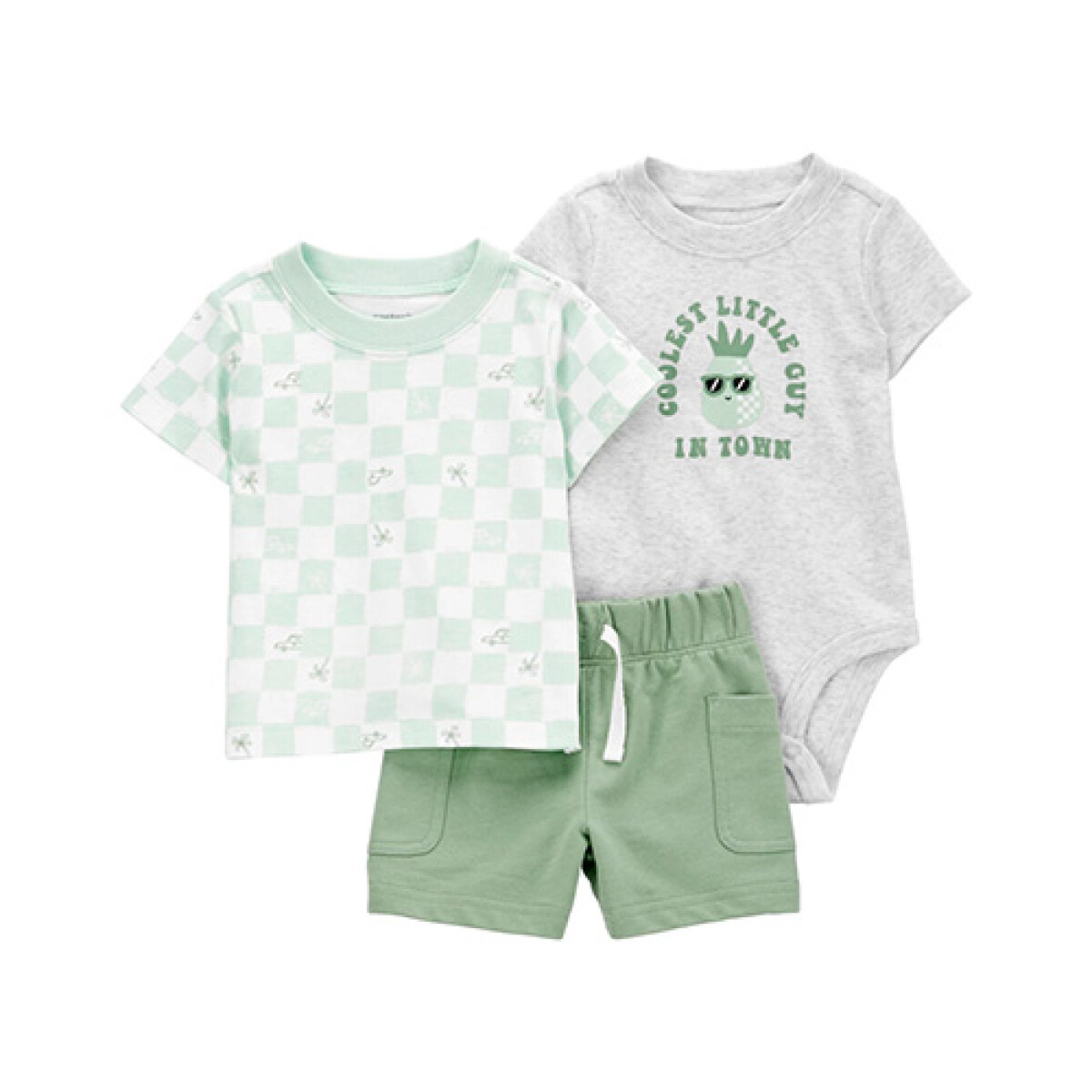 Set tres piezas short, remera y body de algodón estampados C - KHAKI 